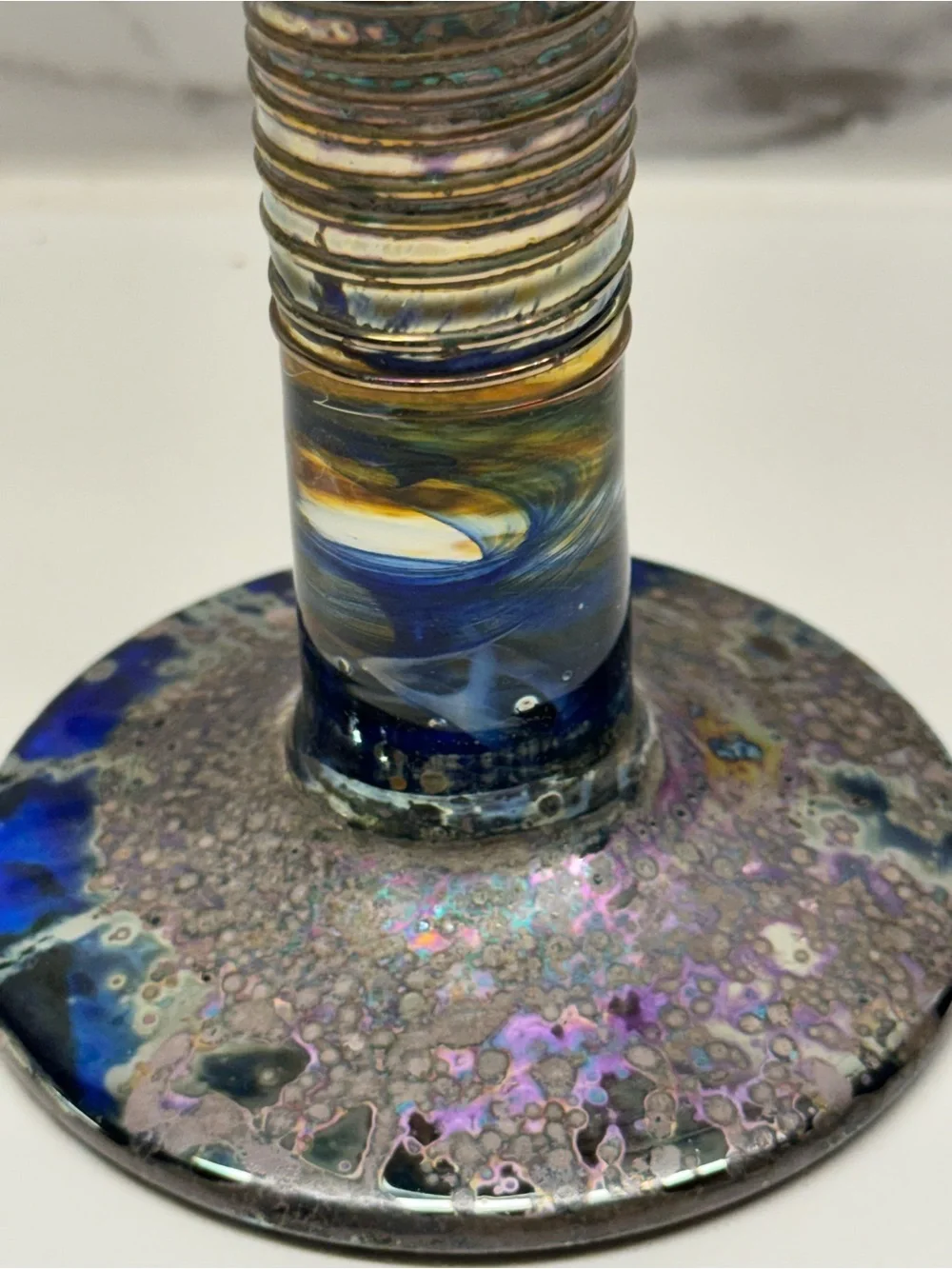Signed Princ Art Glass Czechoslovakia Chalice Goblet Cobalt Pulled Feather